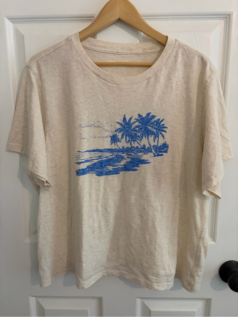 Aerie Women’s Cream/Tan T-Shirt With Distressed Blue Beach Scene - Size XXL